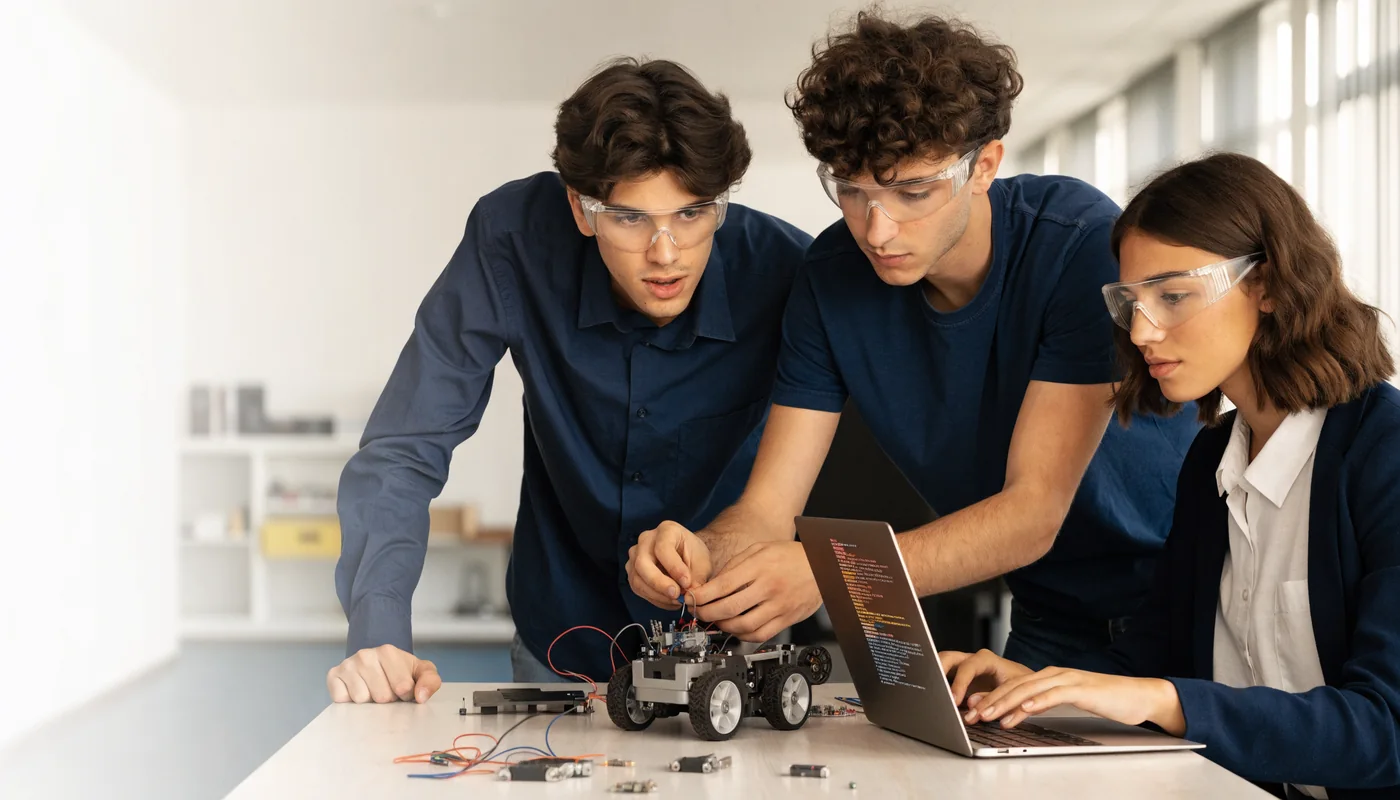 Jóvenes explorando Sistemas y tecnología en un makerspace del campus