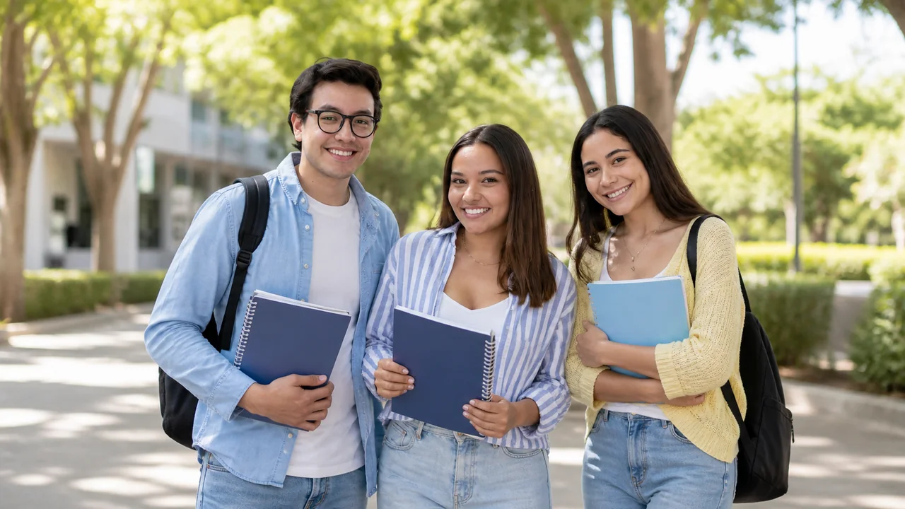 Tres estudiantes universitarios sonríen juntos con sus cuadernos en el campus
