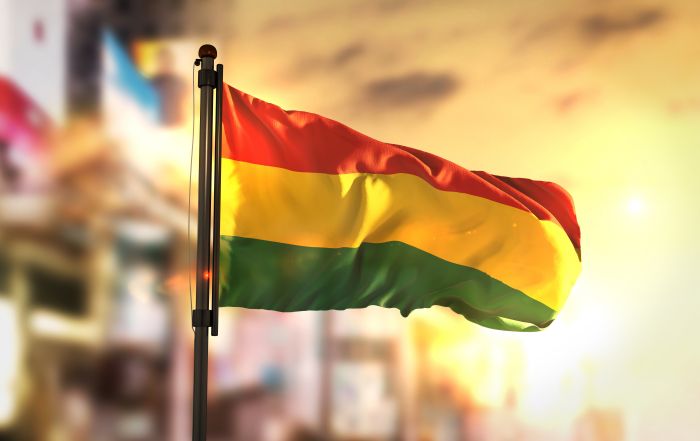 bolivia flag against city blurred background at sunrise backlight